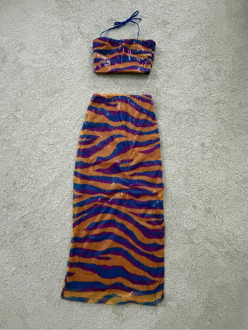 Sequin Zebra Stripe Tube Top + Maxi Skirt Set In Orange, Purple & Blue
